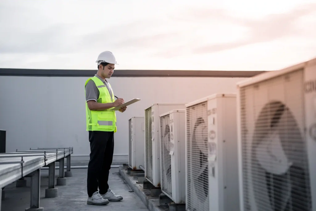 A male HVAC technician wearing a white hard hat, a grey polo shirt, and a high-visibility safety vest stands on a rooftop platform. He is facing a line of white commercial air conditioning units and is writing on a clipboard, suggesting he is conducting an inspection or service documentation check during sunset or sunrise. The image conveys professional HVAC maintenance.