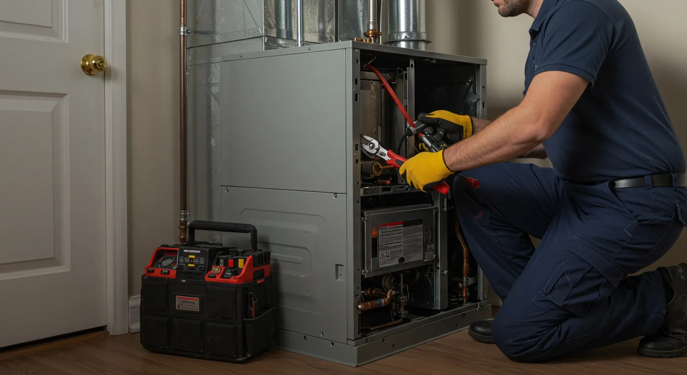 Technician repairing a furnace with tools in a residential setting, highlighting furnace maintenance services in Palm Desert, CA.