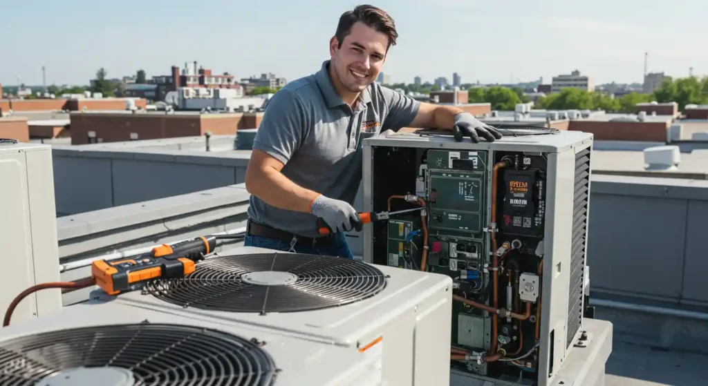 A smiling male technician in a grey polo shirt and gloves is performing maintenance on a large, open commercial HVAC (Heating, Ventilation, and Air Conditioning) unit on a sunny rooftop. He is holding a screwdriver, inspecting the internal components and wiring of the unit. Other similar HVAC units are visible nearby. The image suggests professional HVAC maintenance.