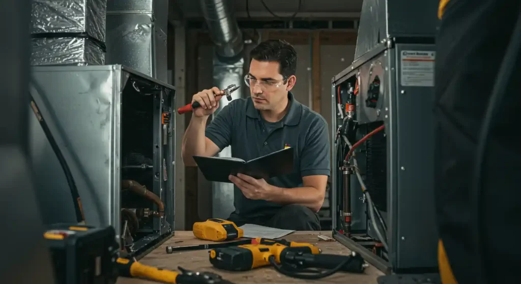 HVAC technician inspecting air conditioning unit with tools and notepad in Palm Desert, CA, emphasizing HVAC repair services.