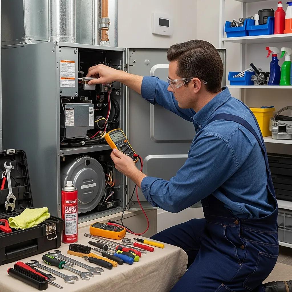 Technician performing maintenance on a furnace to enhance energy efficiency