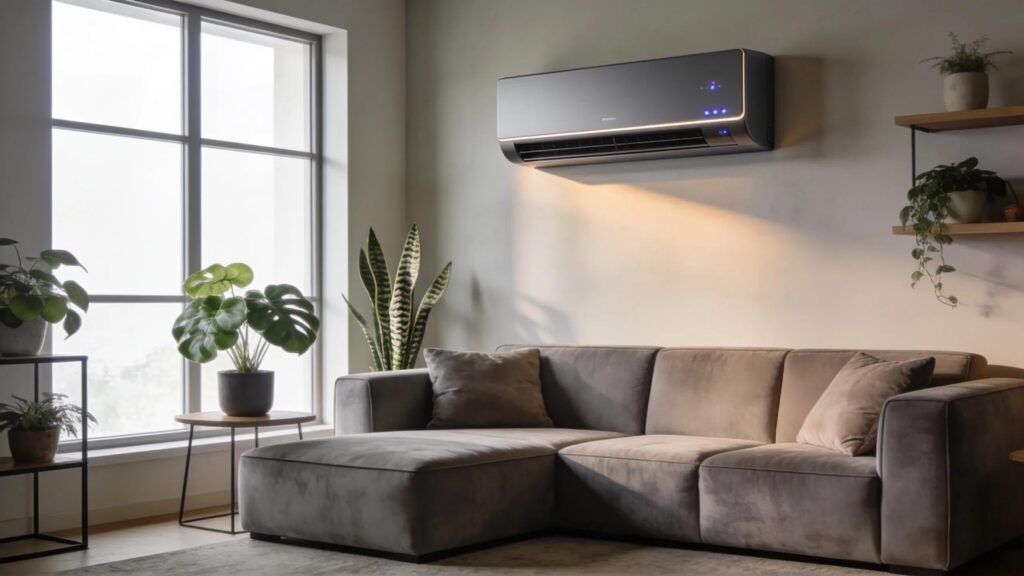 Modern living room with an air conditioning unit promoting comfort and energy efficiency