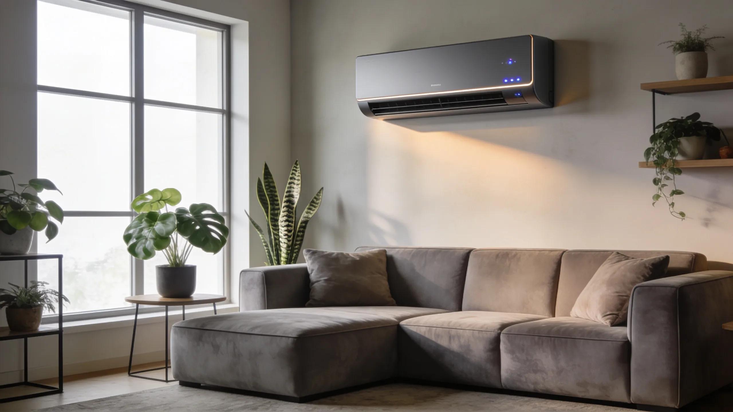 Modern living room with an air conditioning unit promoting comfort and energy efficiency
